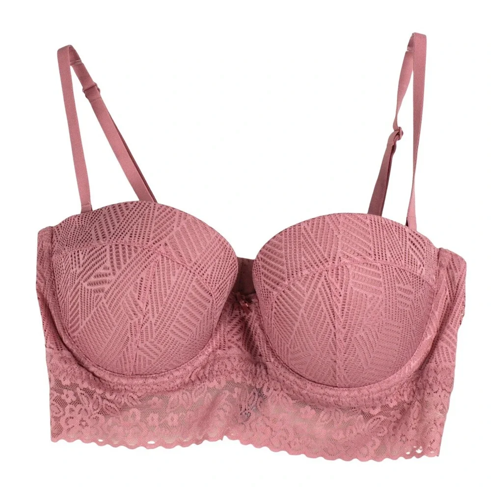 Aerie 36C Balconette Longline Lace Bra Dusty Rose Pink‎ Underwire Padded